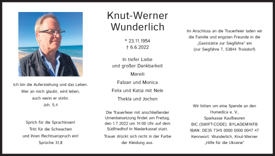 Anzeige von Knut-Werner Wunderlich von Kölner Stadt-Anzeiger / Kölnische Rundschau / Express