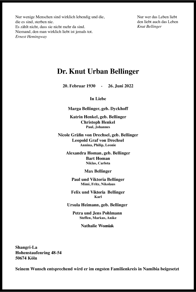  Traueranzeige für Knut Urban Bellinger vom 01.07.2022 aus Kölner Stadt-Anzeiger / Kölnische Rundschau / Express