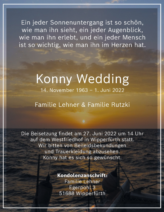 Anzeige von Konny Wedding von Kölner Stadt-Anzeiger / Kölnische Rundschau / Express