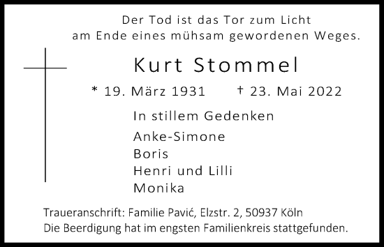 Anzeige von Kurt Stommel von Kölner Stadt-Anzeiger / Kölnische Rundschau / Express