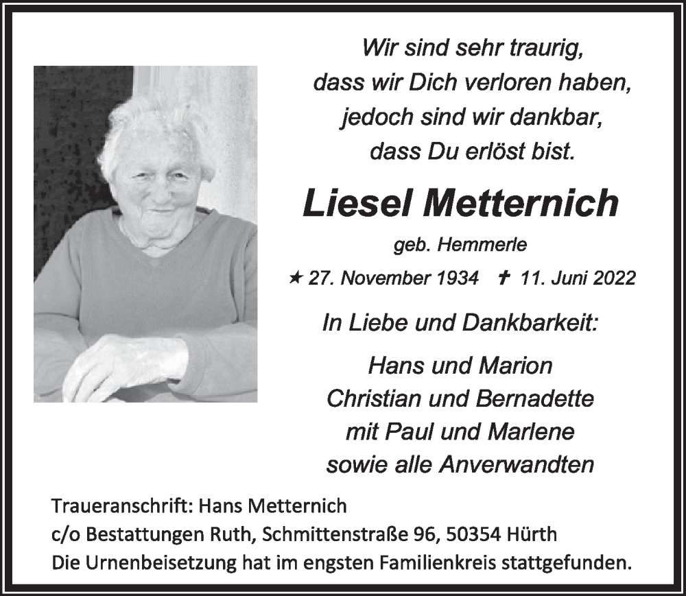  Traueranzeige für Liesel Metternich vom 01.07.2022 aus  Wochenende 