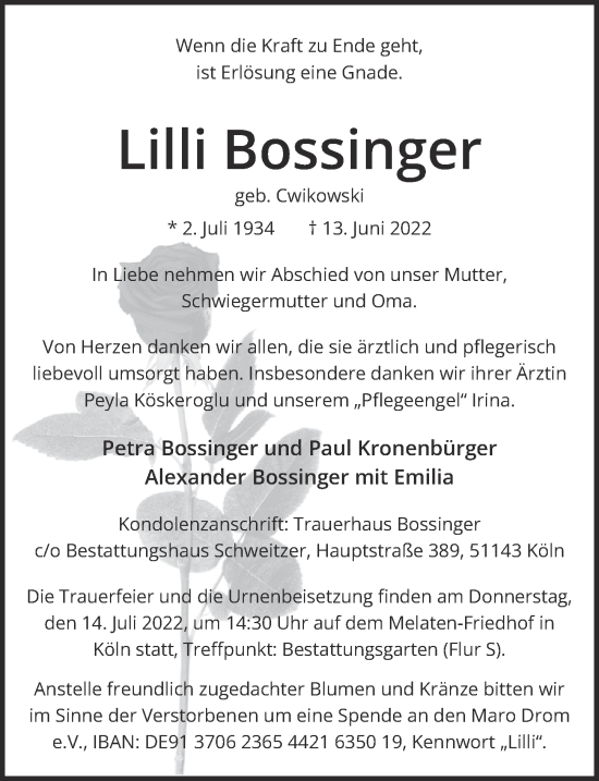 Anzeige von Lilli Bossinger von  EXPRESS - Die Woche 