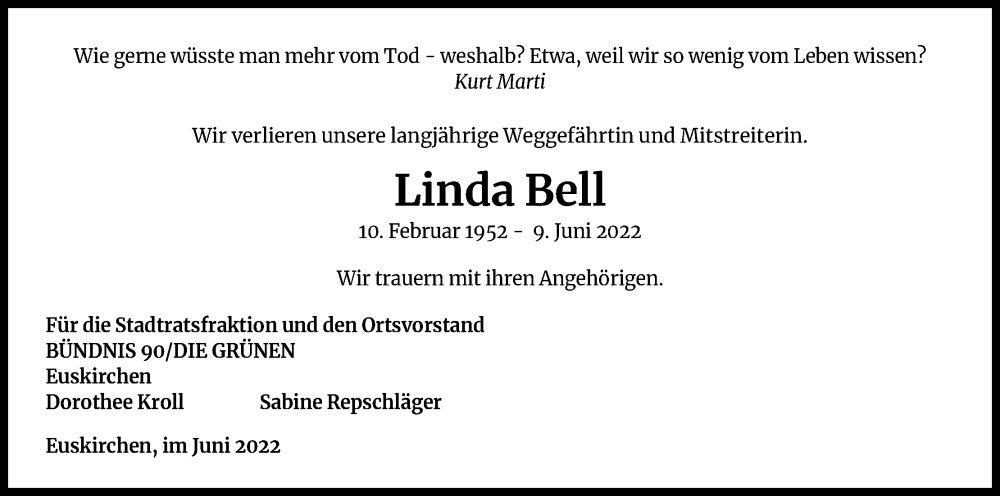  Traueranzeige für Linda Bell vom 25.06.2022 aus Kölner Stadt-Anzeiger / Kölnische Rundschau / Express