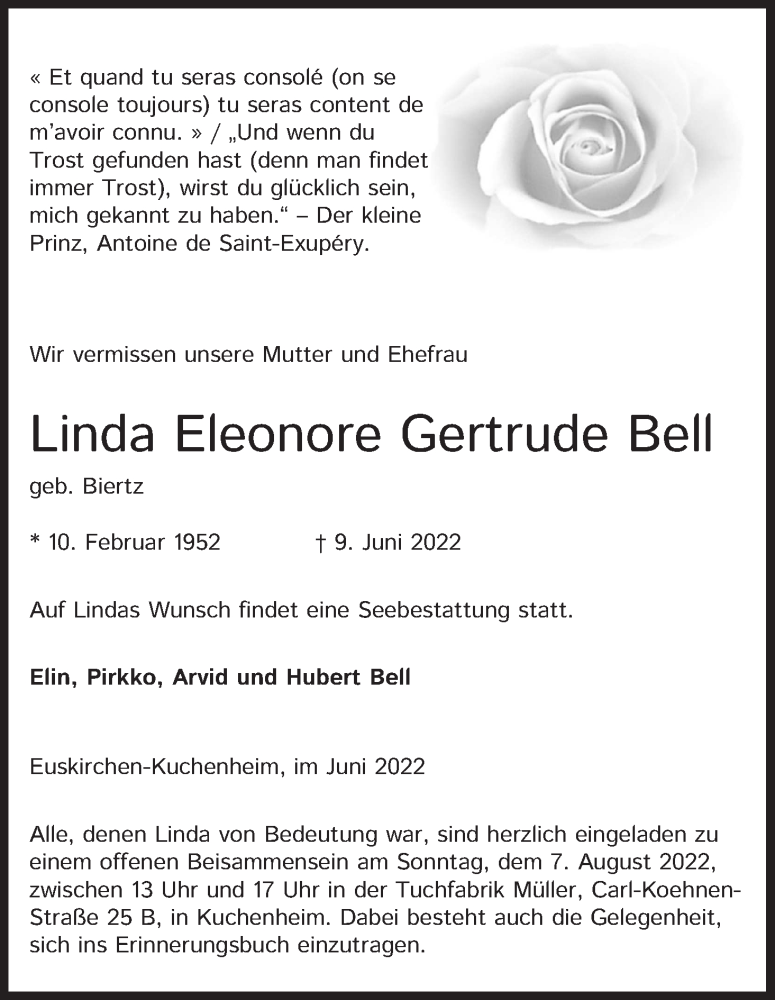  Traueranzeige für Linda Bell vom 23.06.2022 aus Kölner Stadt-Anzeiger / Kölnische Rundschau / Express