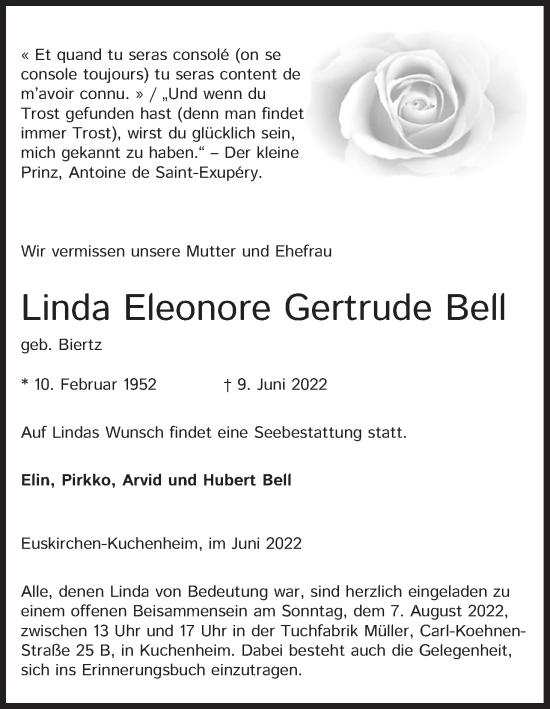 Anzeige von Linda Bell von Kölner Stadt-Anzeiger / Kölnische Rundschau / Express