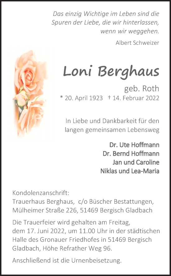 Anzeige von Loni Berghaus von Kölner Stadt-Anzeiger / Kölnische Rundschau / Express