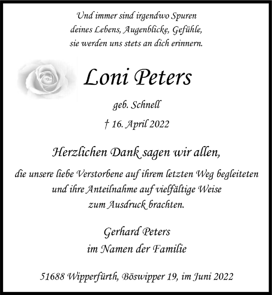  Traueranzeige für Loni Peters vom 10.06.2022 aus  Anzeigen Echo 