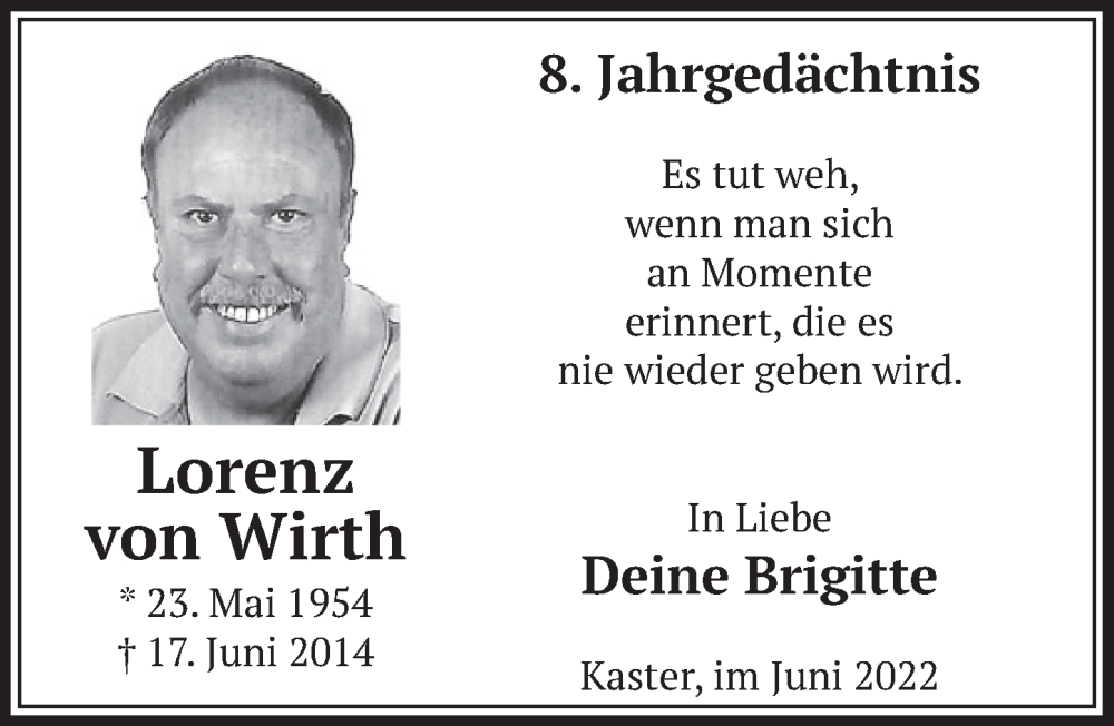 Traueranzeige für Lorenz von Wirth vom 18.07.2023 aus  Werbepost 