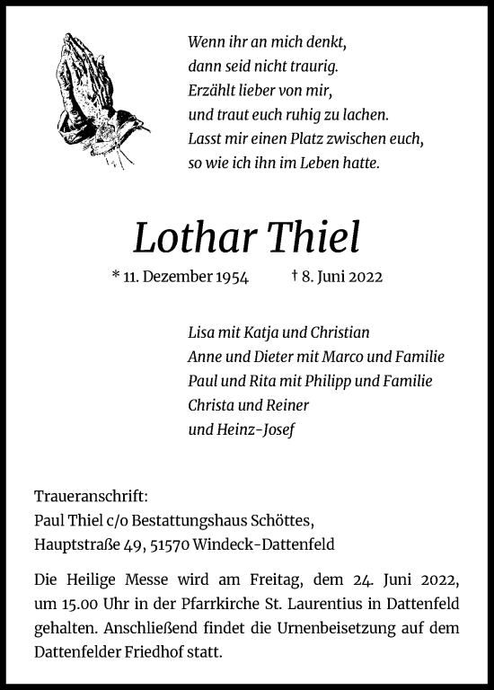 Anzeige von Lothar Thiel von Kölner Stadt-Anzeiger / Kölnische Rundschau / Express