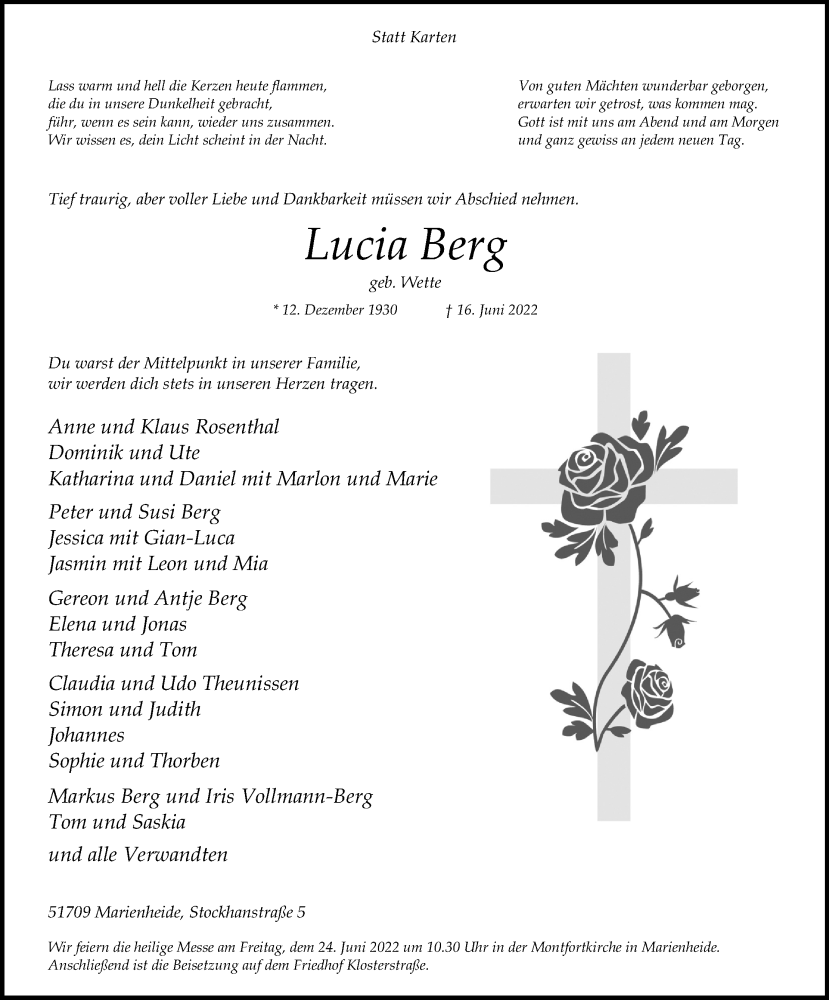  Traueranzeige für Lucia Berg vom 22.06.2022 aus Kölner Stadt-Anzeiger / Kölnische Rundschau / Express