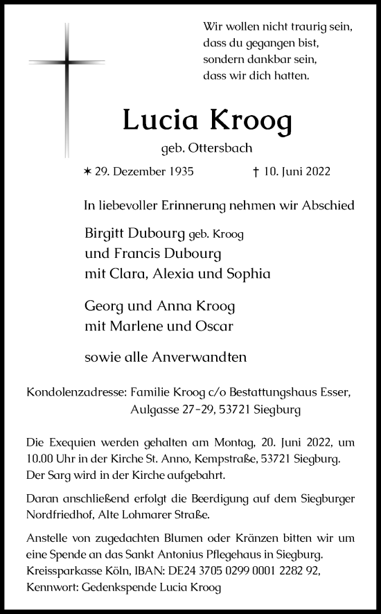 Anzeige von Lucia Kroog von Kölner Stadt-Anzeiger / Kölnische Rundschau / Express