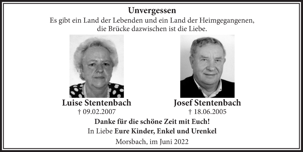  Traueranzeige für Luise Stentenbach vom 18.07.2023 aus  Lokalanzeiger 