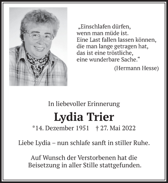 Anzeige von Lydia Trier von  Wochenende 