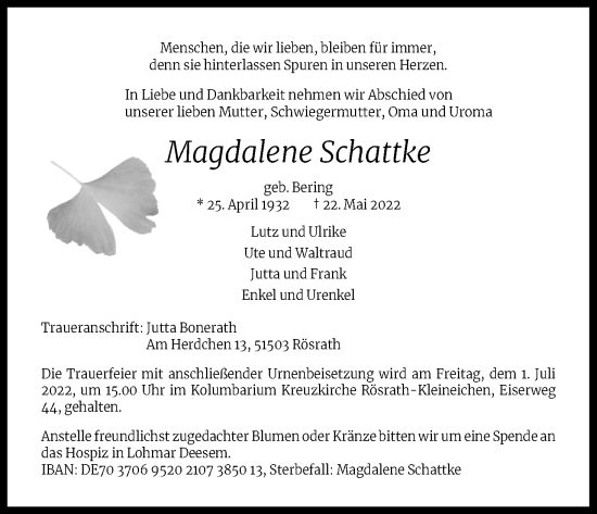 Anzeige von Magdalene Schattke von Kölner Stadt-Anzeiger / Kölnische Rundschau / Express