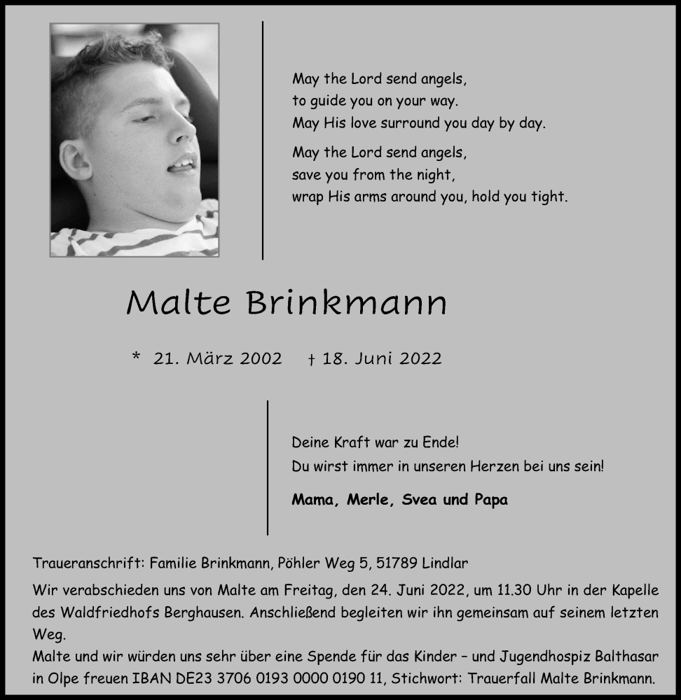  Traueranzeige für Malte Brinkmann vom 22.06.2022 aus Kölner Stadt-Anzeiger / Kölnische Rundschau / Express