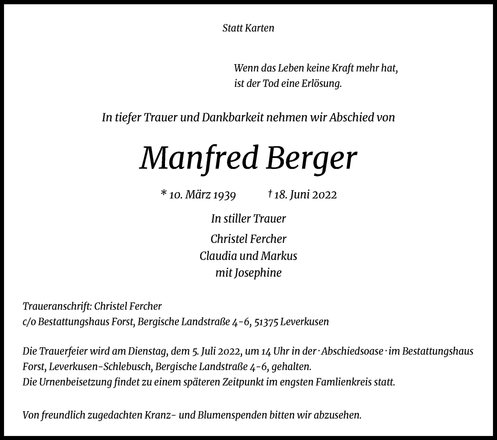  Traueranzeige für Manfred Berger vom 25.06.2022 aus Kölner Stadt-Anzeiger / Kölnische Rundschau / Express