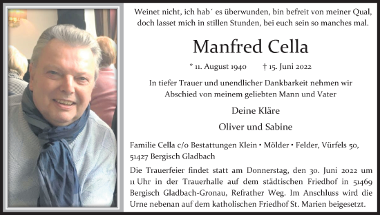 Anzeige von Manfred Cella von Kölner Stadt-Anzeiger / Kölnische Rundschau / Express