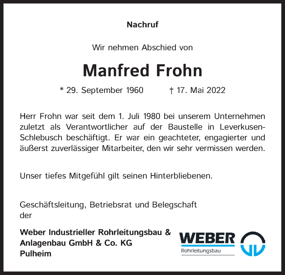  Traueranzeige für Manfred Frohn vom 04.06.2022 aus Kölner Stadt-Anzeiger / Kölnische Rundschau / Express