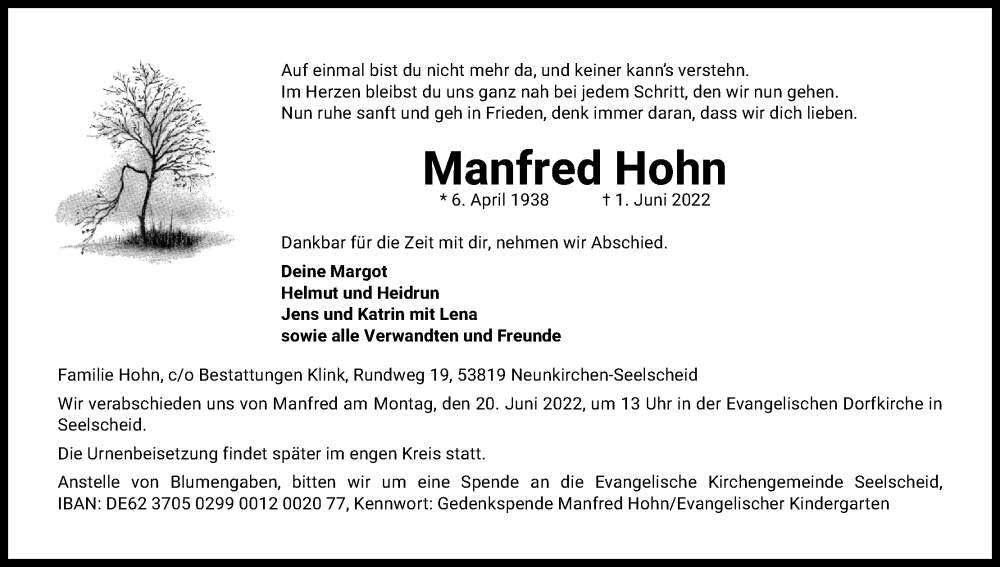  Traueranzeige für Manfred Hohn vom 11.06.2022 aus Kölner Stadt-Anzeiger / Kölnische Rundschau / Express