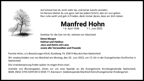 Anzeige von Manfred Hohn von Kölner Stadt-Anzeiger / Kölnische Rundschau / Express