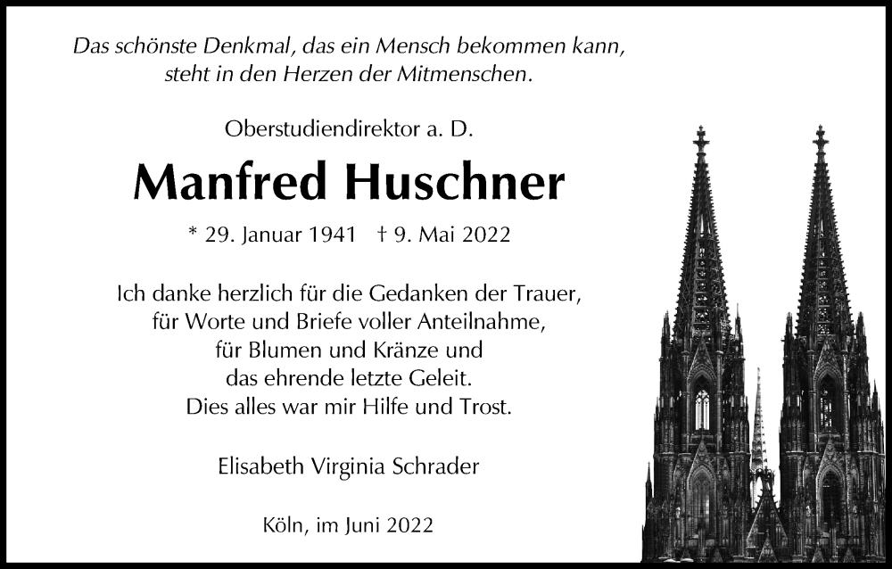  Traueranzeige für Manfred Huschner vom 11.06.2022 aus Kölner Stadt-Anzeiger / Kölnische Rundschau / Express