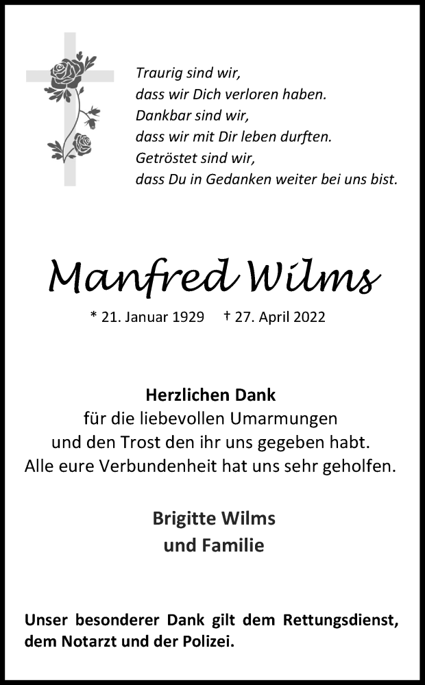  Traueranzeige für Manfred Wilms vom 18.06.2022 aus Kölner Stadt-Anzeiger / Kölnische Rundschau / Express