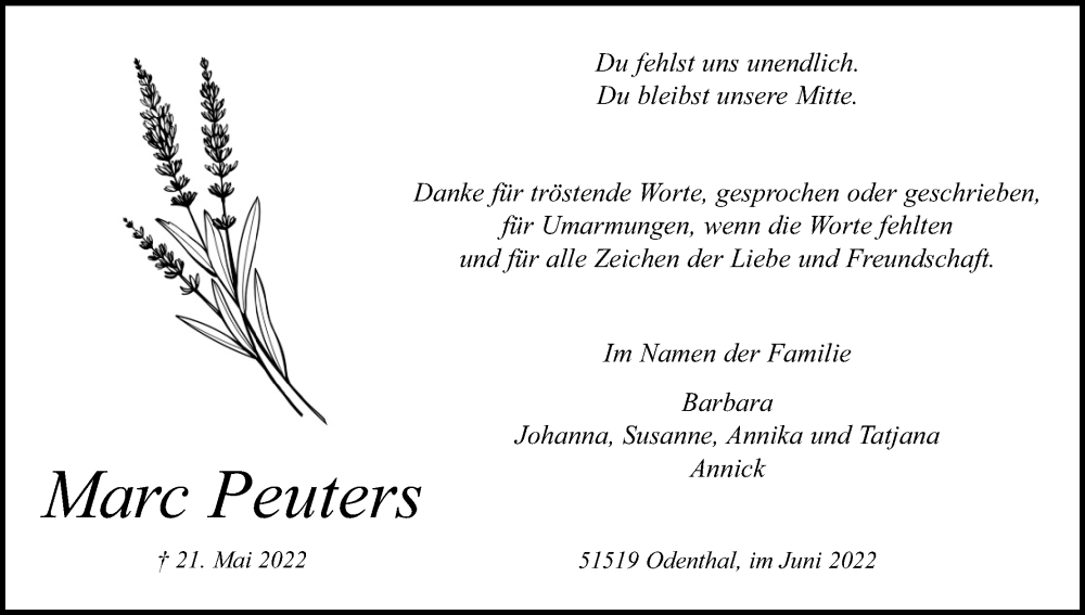  Traueranzeige für Marc Peuters vom 25.06.2022 aus Kölner Stadt-Anzeiger / Kölnische Rundschau / Express