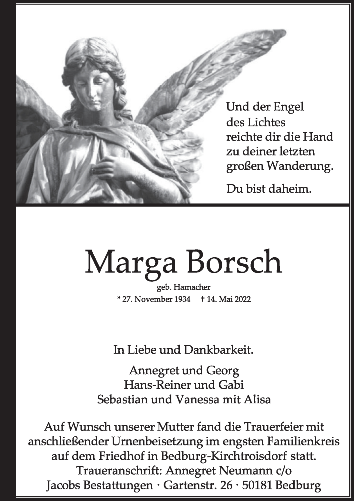  Traueranzeige für Marga Borsch vom 03.06.2022 aus  Werbepost 