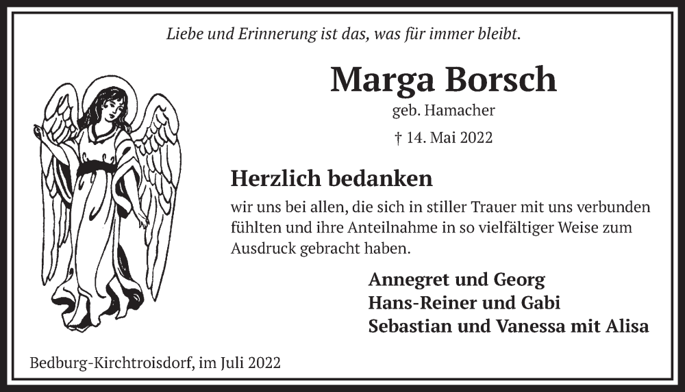  Traueranzeige für Marga Borsch vom 01.07.2022 aus  Werbepost 