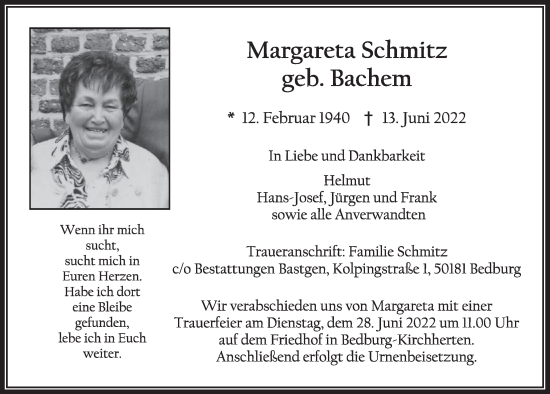 Anzeige von Margareta Schmitz von  Wochenende  Werbepost 