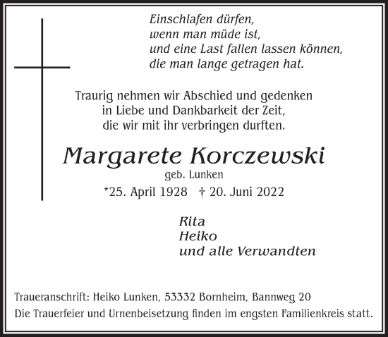 Anzeige von Margarete Korczewski von  Schaufenster/Blickpunkt 
