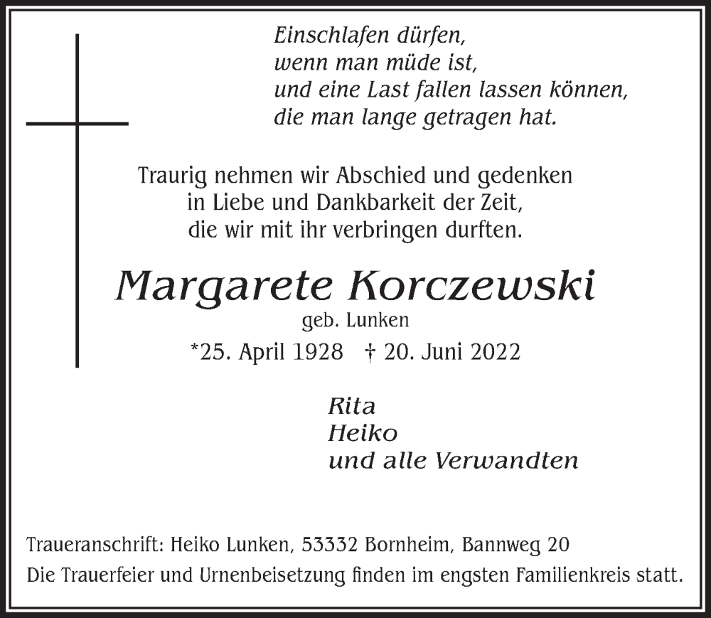  Traueranzeige für Margarete Korczewski vom 24.06.2022 aus  Schaufenster/Blickpunkt 