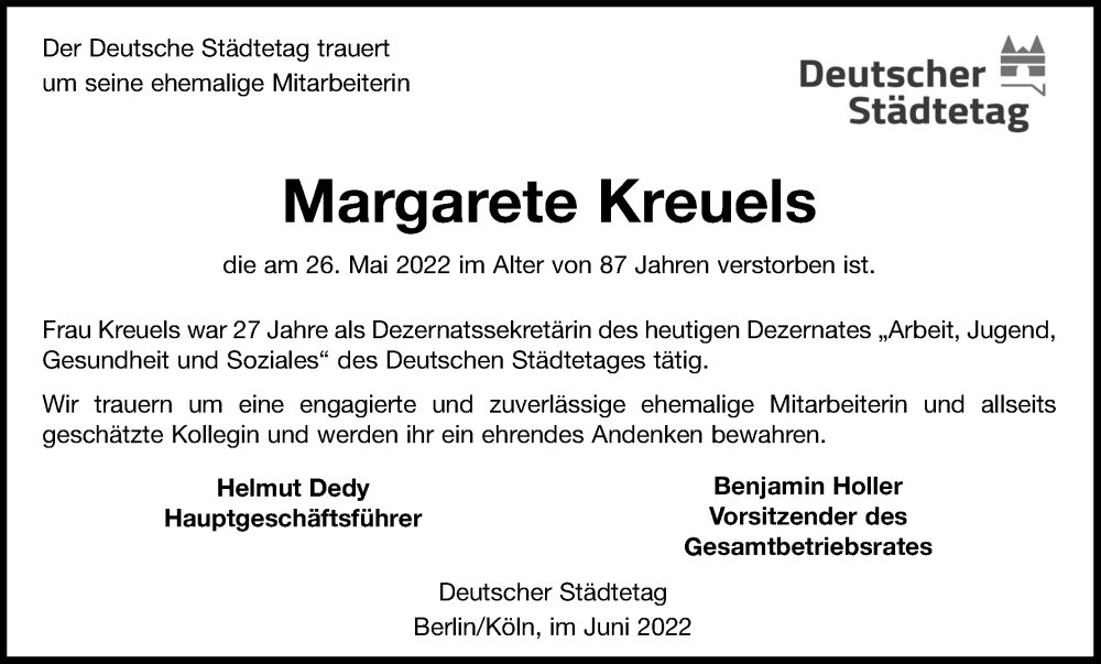 Traueranzeige für Margarete Kreuels vom 15.06.2022 aus Kölner Stadt-Anzeiger / Kölnische Rundschau / Express