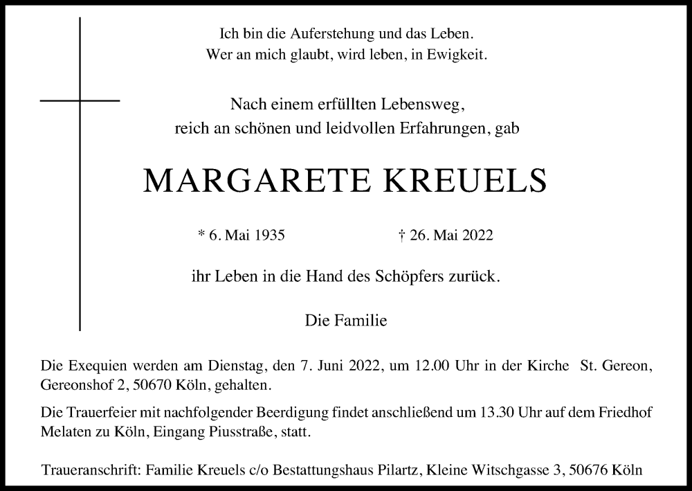  Traueranzeige für Margarete Kreuels vom 04.06.2022 aus Kölner Stadt-Anzeiger / Kölnische Rundschau / Express