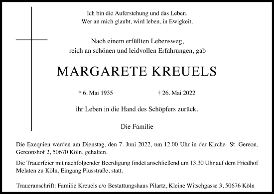 Anzeige von Margarete Kreuels von Kölner Stadt-Anzeiger / Kölnische Rundschau / Express