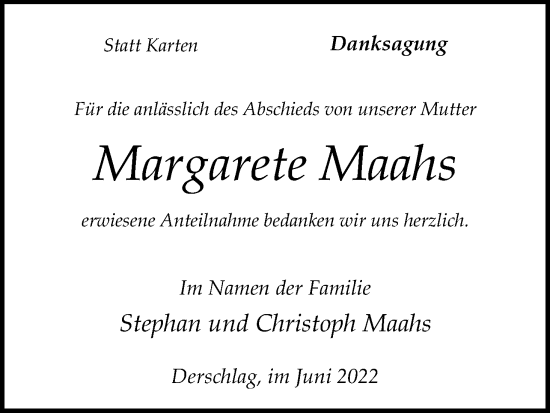 Anzeige von Margarete Maahs von Kölner Stadt-Anzeiger / Kölnische Rundschau / Express