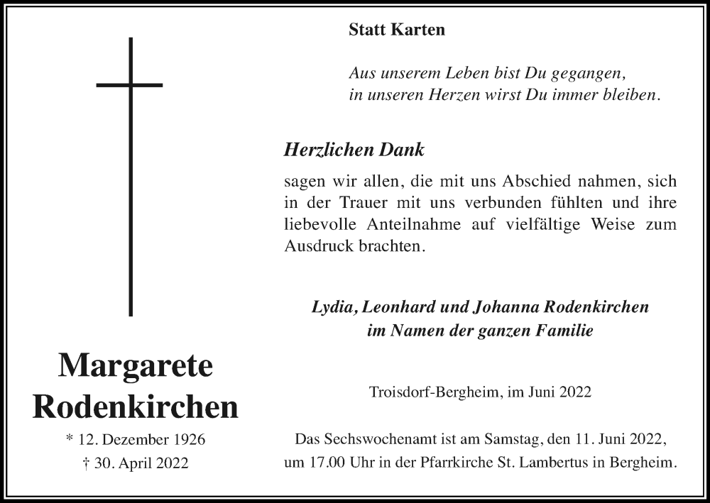  Traueranzeige für Margarete Rodenkirchen vom 04.06.2022 aus Kölner Stadt-Anzeiger / Kölnische Rundschau / Express