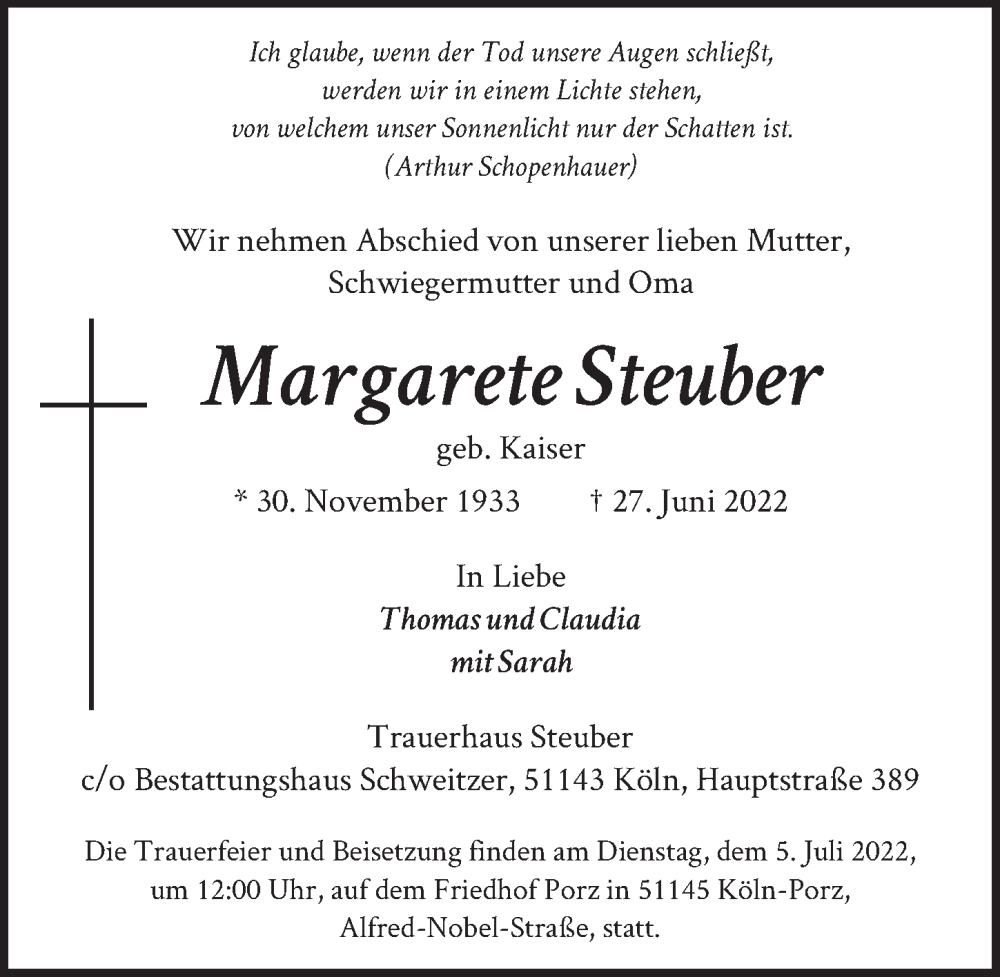  Traueranzeige für Margarete Steuber vom 01.07.2022 aus  EXPRESS - Die Woche 
