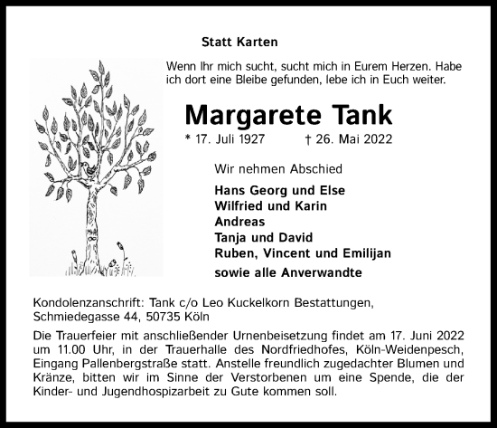 Anzeige von Margarete Tank von Kölner Stadt-Anzeiger / Kölnische Rundschau / Express