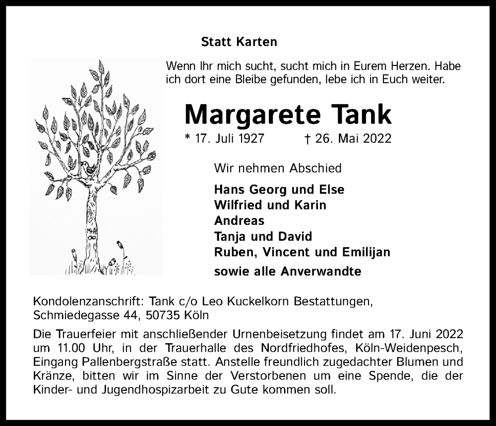  Traueranzeige für Margarete Tank vom 11.06.2022 aus Kölner Stadt-Anzeiger / Kölnische Rundschau / Express