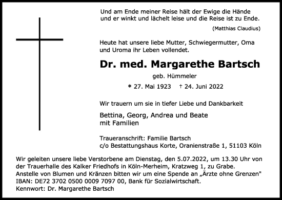 Anzeige von Margarethe Bartsch von Kölner Stadt-Anzeiger / Kölnische Rundschau / Express