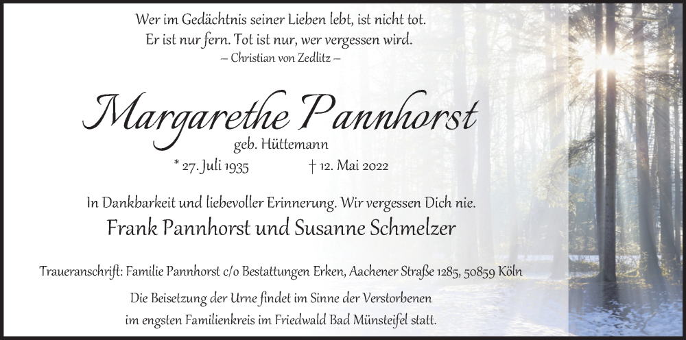  Traueranzeige für Margarethe Pannhorst vom 18.06.2022 aus Kölner Stadt-Anzeiger / Kölnische Rundschau / Express