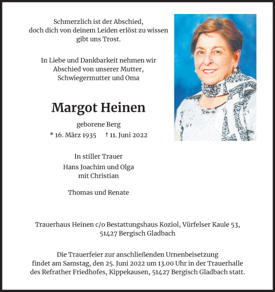 Anzeige von Margot Heinen von Kölner Stadt-Anzeiger / Kölnische Rundschau / Express