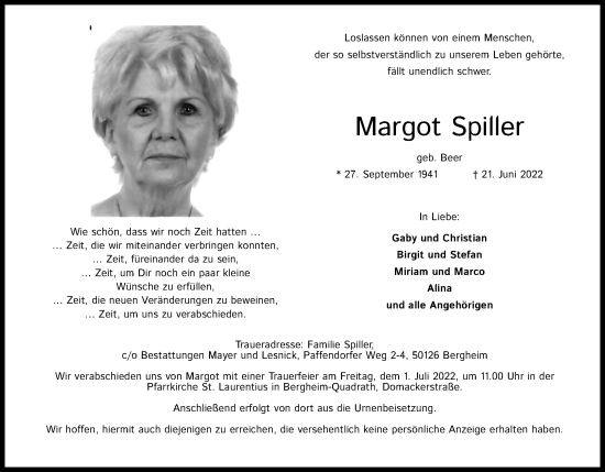 Anzeige von Margot Spiller von Kölner Stadt-Anzeiger / Kölnische Rundschau / Express
