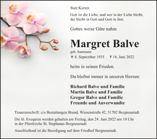 Anzeige von Margret Balve von Kölner Stadt-Anzeiger / Kölnische Rundschau / Express