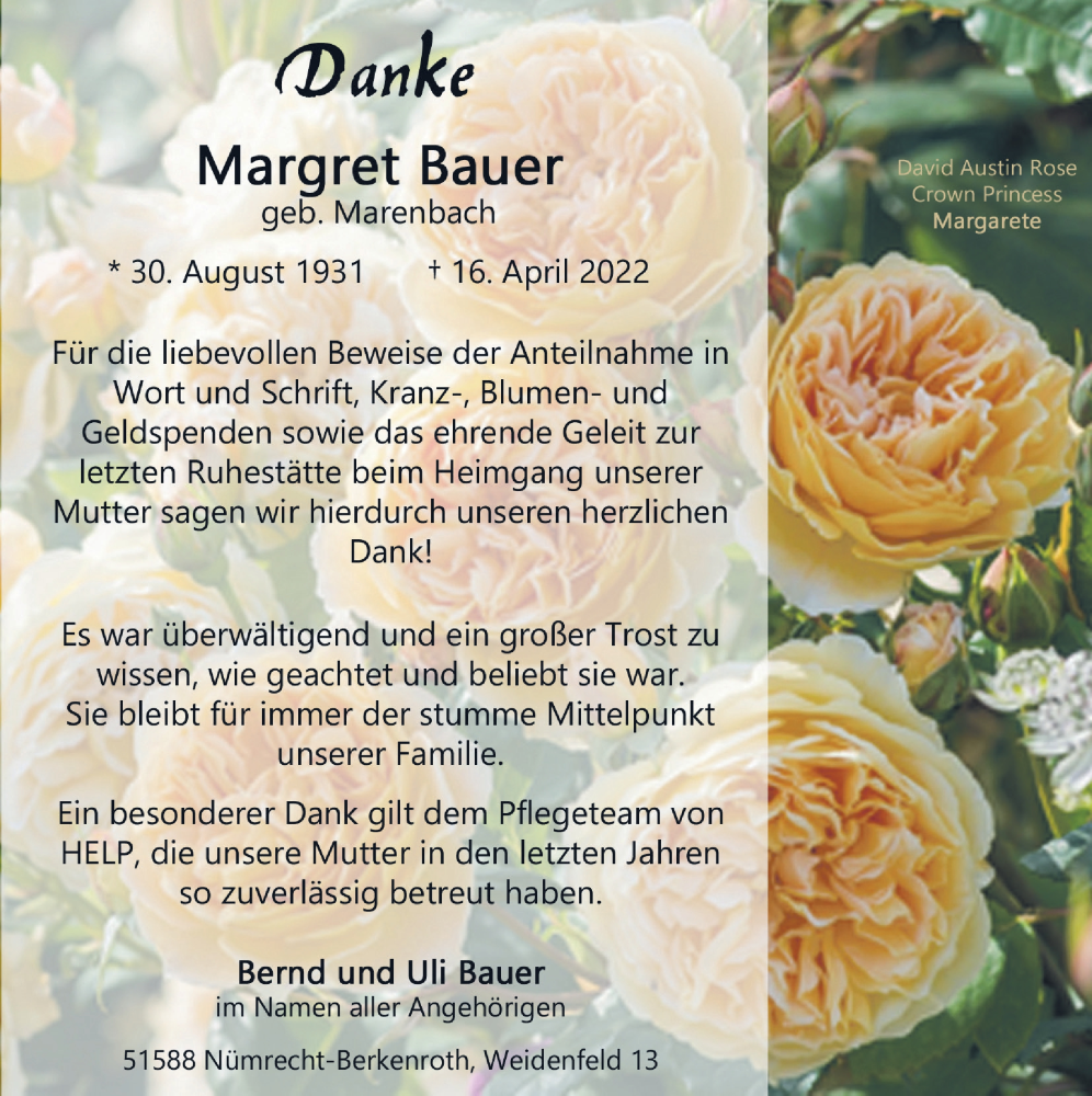  Traueranzeige für Margret Bauer vom 03.06.2022 aus  Lokalanzeiger 