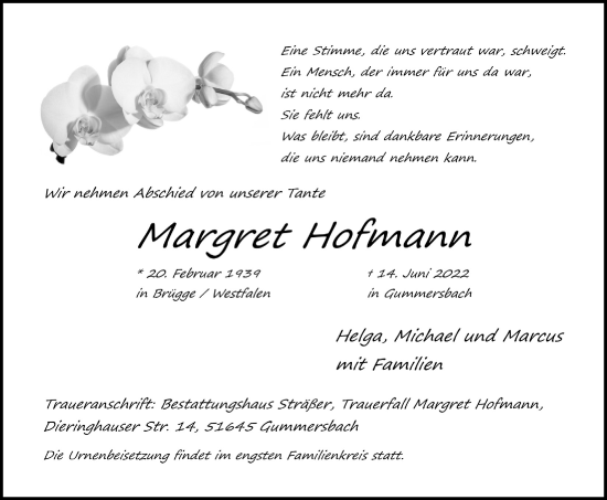 Anzeige von Margret Hofmann von  Anzeigen Echo 