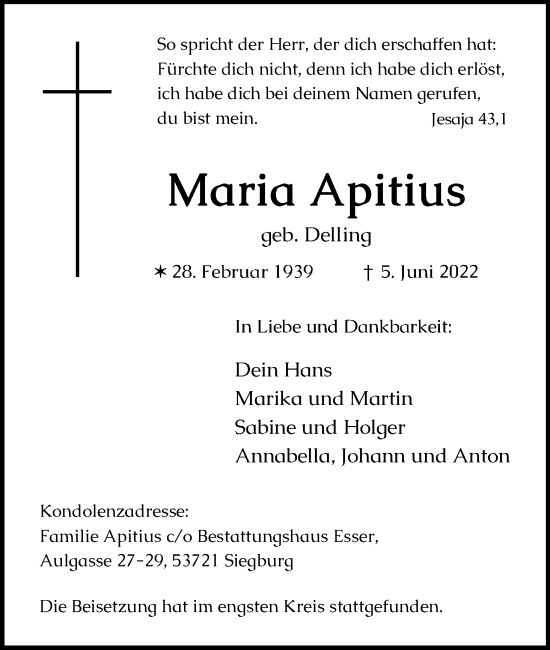 Anzeige von Maria Apitius von Kölner Stadt-Anzeiger / Kölnische Rundschau / Express
