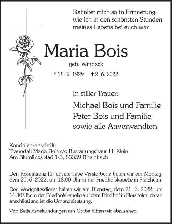 Anzeige von Maria Bois von  Schaufenster/Blickpunkt 