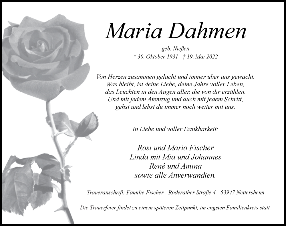  Traueranzeige für Maria Dahmen vom 04.06.2022 aus  Blickpunkt Euskirchen 